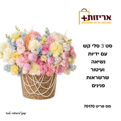 דף הבית - אריזות פלוס סט 3 סלסלות קש קלוע עם עיטורי פנינים
